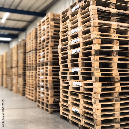 Stacked wooden pallets in a warehouse setting, organized and ready for use.