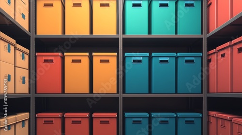 Storage boxes organized neatly on shelves, vibrant colors, modern design, minimalistic style.