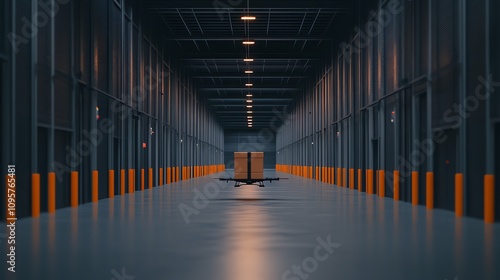 Warehouse interior with long aisles and cargo in center on a reflective floor.