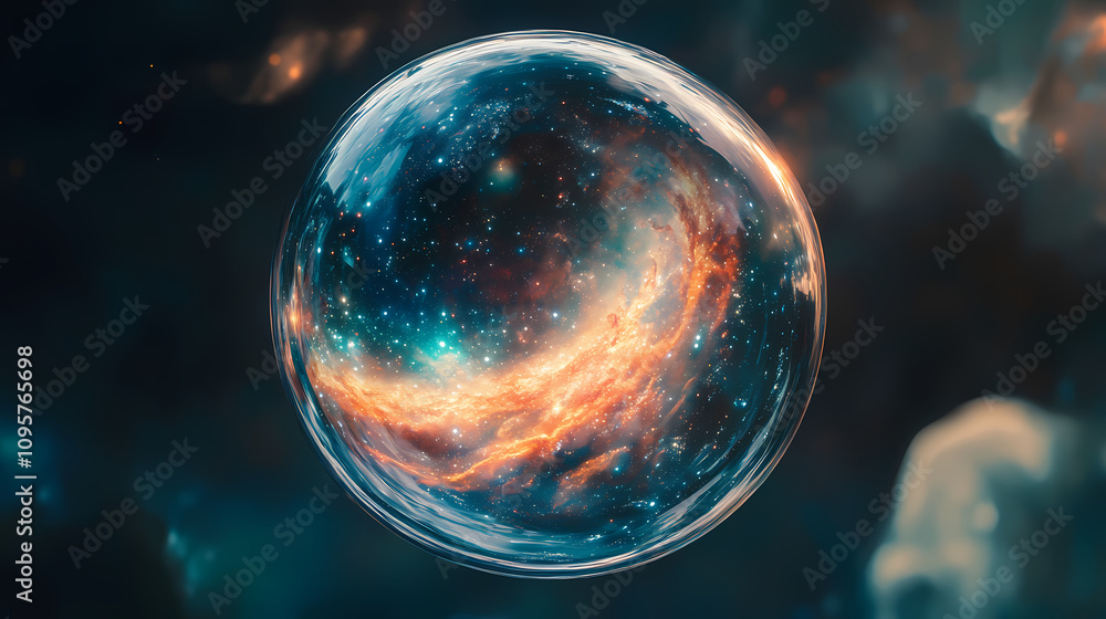 A cosmic bubble reflecting a vibrant galaxy in nature. Whirling Cosmic Galaxy. Illustration A cosmic bubble reflecting a vibrant galaxy in nature. Whirling Cosmic Galaxy. Illustration