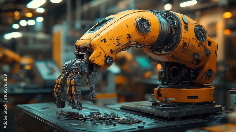 Robotic arm in a futuristic industrial setting with intricate machinery Robotic arm in a futuristic industrial setting with intricate machinery