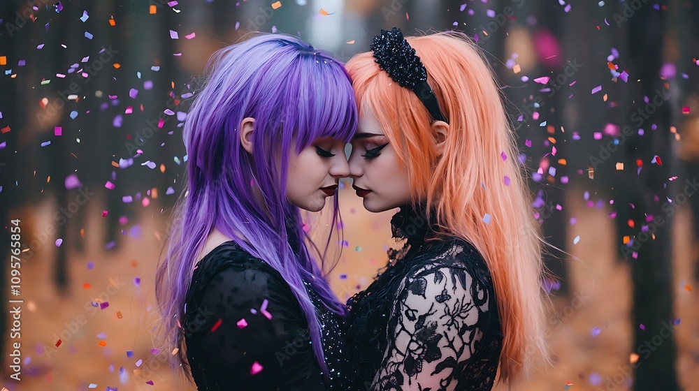 An Intimate Moment of Two Women Embracing in a Dreamy Forest with Colorful Confetti Showering Down Amidst the Autumn Leaves An Intimate Moment of Two Women Embracing in a Dreamy Forest with Colorful Confetti Showering Down Amidst the Autumn Leaves