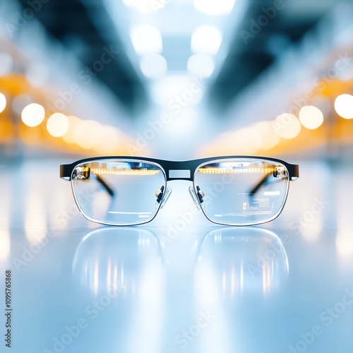 Close-up of stylish eyeglasses on a modern reflective surface with blurred background.