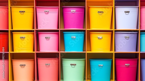 Colorful storage bins arranged neatly on a shelf, vibrant aesthetic.