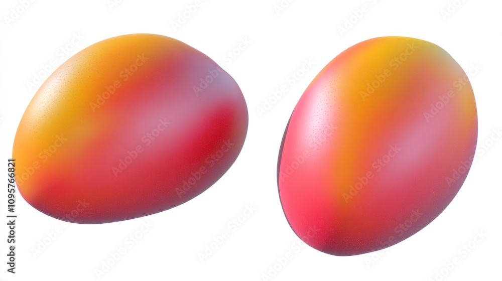 Two ripe mangoes with a red, yellow, and orange gradient isolated on a white background. Two ripe mangoes with a red, yellow, and orange gradient isolated on a white background.