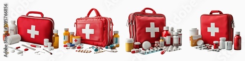 set of A red first aid kit bag with a white cross in the middle, lying open and first aid equipment, first aid equipment, open red bag, red bag, medical bag, on a transparent backgrounds