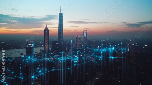 Wallpaper Mural Smart digital city with connection Innovation network reciprocity over the sunset cityscape Concept of future  wireless digital city and social media networking systems that connects business people Torontodigital.ca