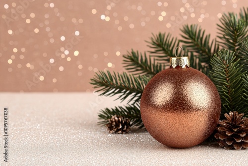 A copper Christmas ornament with pine branches and pinecones on a sparkly background. photo