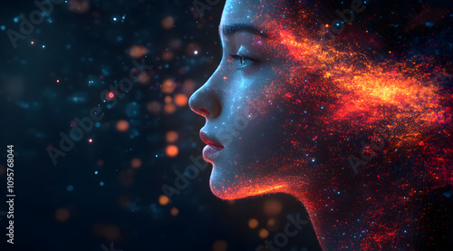 Wallpaper Mural A captivating profile of a woman with vibrant cosmic elements, blending beauty and mystique in a dark, starry backdrop. Torontodigital.ca