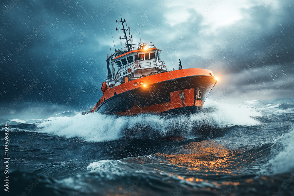 powerful tugboat navigates through stormy seas, showcasing resilience powerful tugboat navigates through stormy seas, showcasing resilience