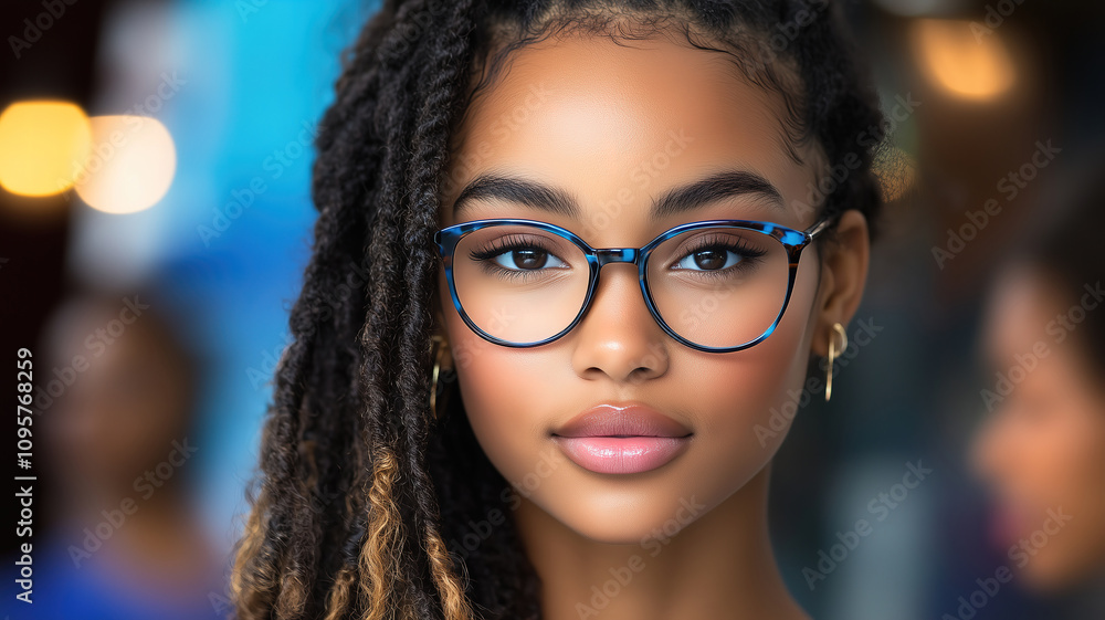 Close-up portrait of a young African American woman with dreadlocks wearing blue-framed glasses, showcasing vibrant makeup and gold hoop earrings Close-up portrait of a young African American woman with dreadlocks wearing blue-framed glasses, showcasing vibrant makeup and gold hoop earrings