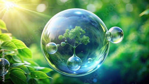 Wallpaper Mural of a water bubble with H2 hydrogen molecules, representing renewable fuel and green energy Torontodigital.ca