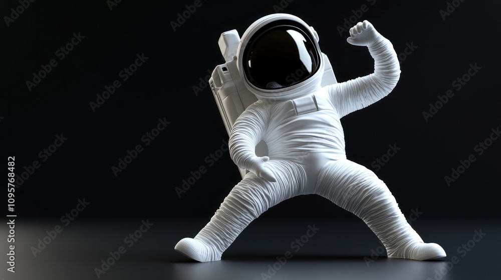A white astronaut in a dynamic pose with a black background. A white astronaut in a dynamic pose with a black background.