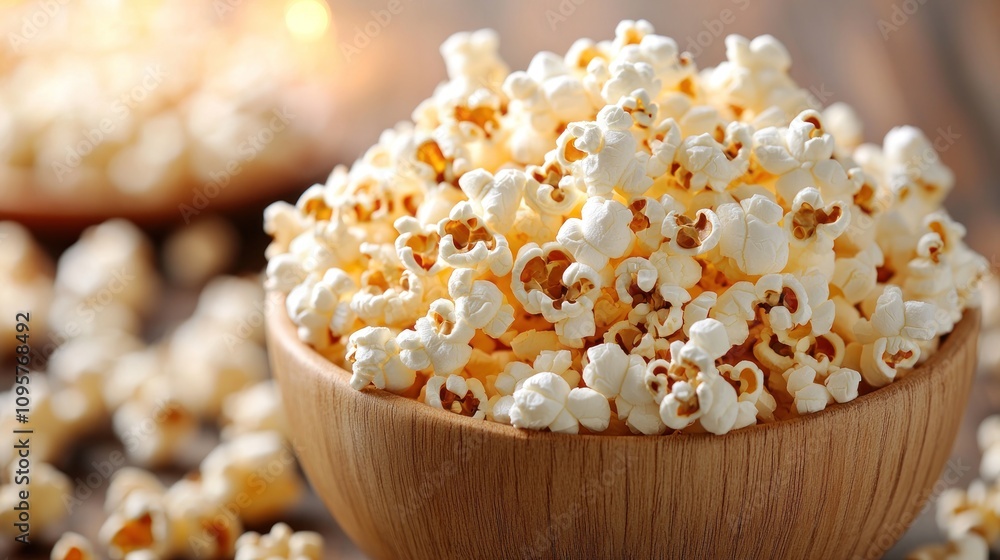 A wooden bowl filled with fluffy popcorn, surrounded by scattered popcorn kernels. A wooden bowl filled with fluffy popcorn, surrounded by scattered popcorn kernels.
