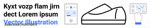 Thermostat display, temperature control switch, smart shoe, and a touchscreen interface with a hand. Ideal for smart technology, home automation, climate control, user interface design, IoT devices