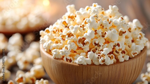 A wooden bowl filled with fluffy popcorn, surrounded by scattered popcorn kernels.