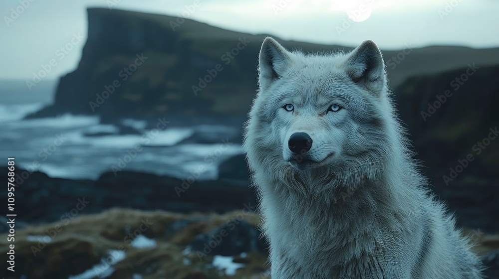 Obraz premium Majestic arctic wolf in a serene coastal landscape at dusk