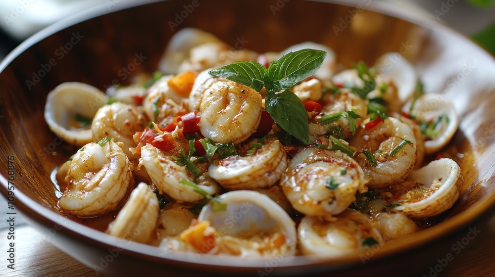 A bowl of shrimp and clams garnished with herbs and spices. A bowl of shrimp and clams garnished with herbs and spices.