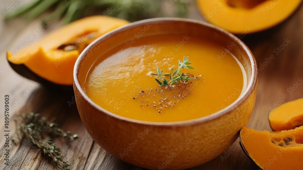Creamy pumpkin soup in a rustic bowl, garnished with thyme and seeds, surrounded by pumpkin slices. Creamy pumpkin soup in a rustic bowl, garnished with thyme and seeds, surrounded by pumpkin slices.
