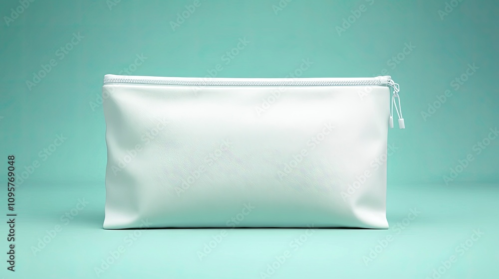 Simple white cosmetic pouch on a soft green background Simple white cosmetic pouch on a soft green background