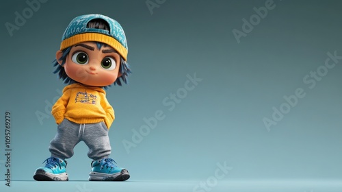 A 3D rendered cartoon boy wearing a yellow hoodie, a blue cap, and grey pants stands confidently in a blue background. photo