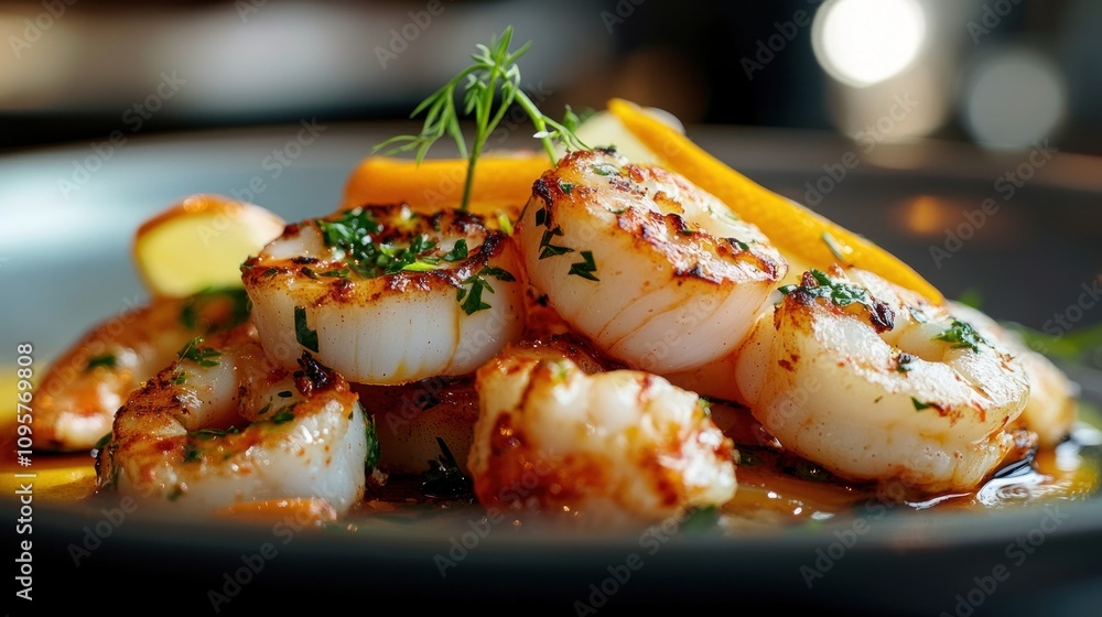 A delicious plate of grilled shrimp garnished with herbs and lemon slices. A delicious plate of grilled shrimp garnished with herbs and lemon slices.