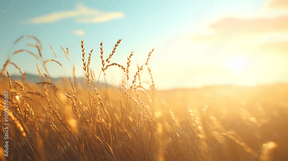 Naklejka premium Close-up of a golden wheat field under a blue sky on a sunny day, featuring beautiful high-definition photography with a softly blurred background. Sunlit Wheat Field. Illustration