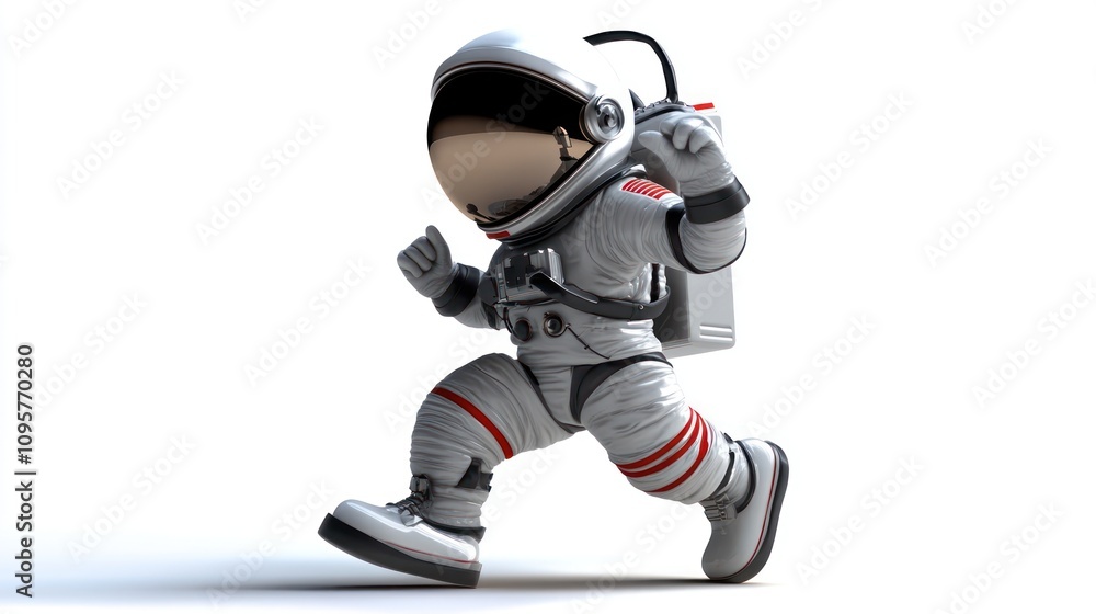 A cartoon astronaut in a spacesuit runs with a determined look on his face against a white background. A cartoon astronaut in a spacesuit runs with a determined look on his face against a white background.