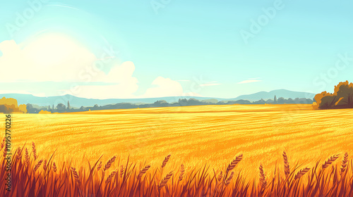 A vast golden wheat field bathed in sunlight on a clear sunny day, serene. Sunlit Wheat Field. Illustration