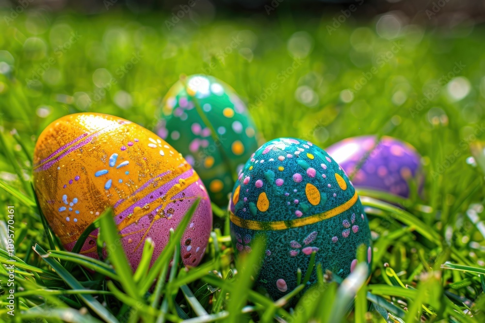Colorful Easter eggs in spring meadow traditional symbol for holiday. Colorful Easter eggs in spring meadow traditional symbol for holiday.
