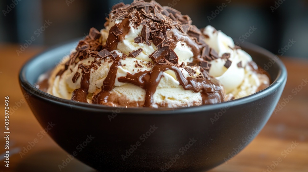 A delicious bowl of ice cream topped with whipped cream, chocolate drizzle, and shavings. A delicious bowl of ice cream topped with whipped cream, chocolate drizzle, and shavings.