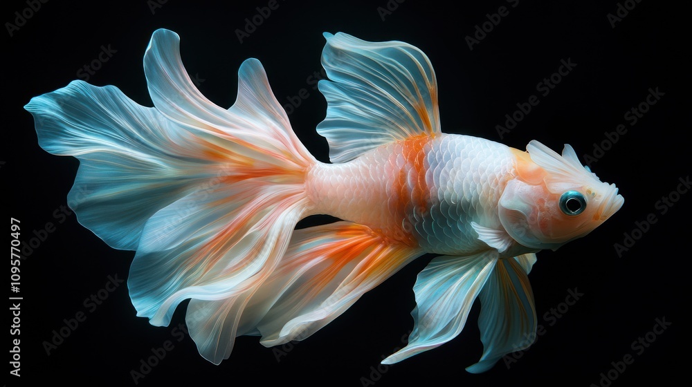 Fototapeta premium A beautifully detailed goldfish with flowing fins against a dark background.