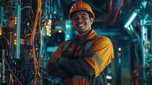 A smiling industrial worker stands proudly in a brightly lit factory.