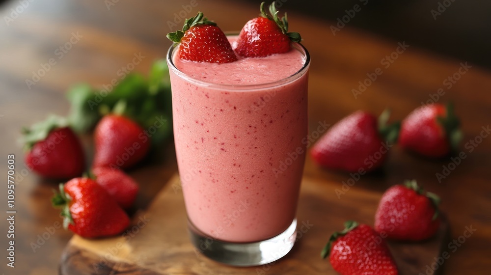 A refreshing strawberry smoothie topped with fresh strawberries, served in a glass. A refreshing strawberry smoothie topped with fresh strawberries, served in a glass.