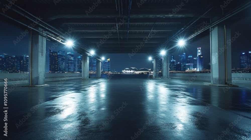 Empty parking garage at night with cityscape view. Empty parking garage at night with cityscape view.
