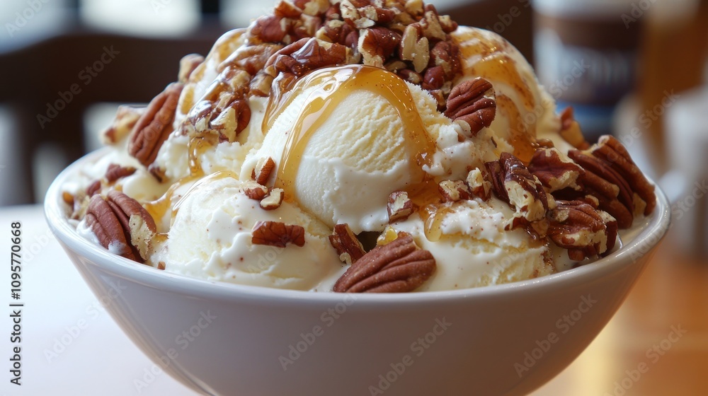 A delicious bowl of ice cream topped with pecans and caramel sauce. A delicious bowl of ice cream topped with pecans and caramel sauce.