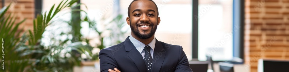 Portrait of a smiling businessman with arms crossed standing in a modern office. Portrait of a smiling businessman with arms crossed standing in a modern office.