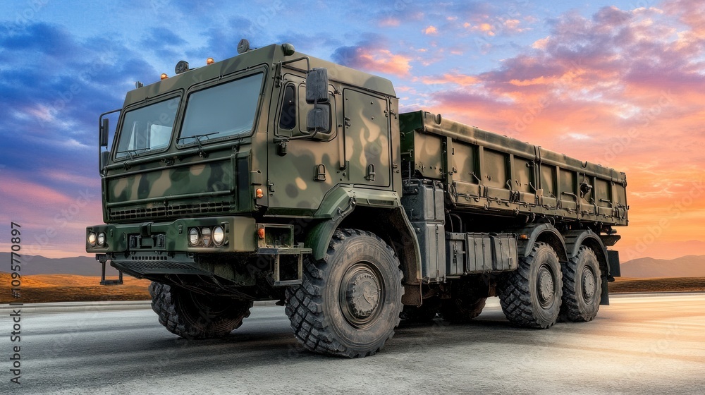 Military truck with camouflage paint driving on a paved road under a dramatic sunset sky. Military truck with camouflage paint driving on a paved road under a dramatic sunset sky.