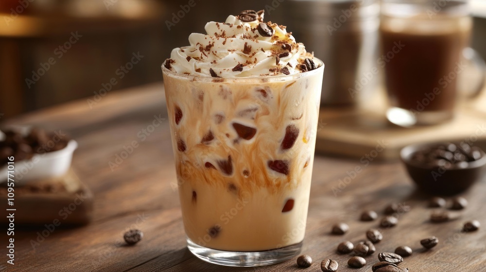 A delicious iced coffee topped with whipped cream and chocolate shavings in a glass. A delicious iced coffee topped with whipped cream and chocolate shavings in a glass.
