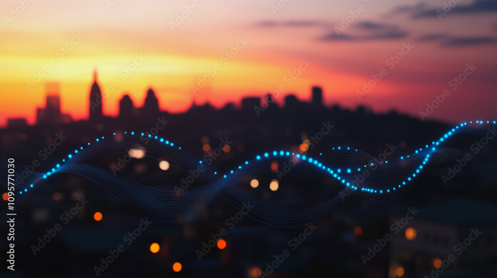Obraz premium Smart digital city with connection Innovation network reciprocity over the sunset cityscape Concept of future wireless digital city and social media networking systems that connects business people