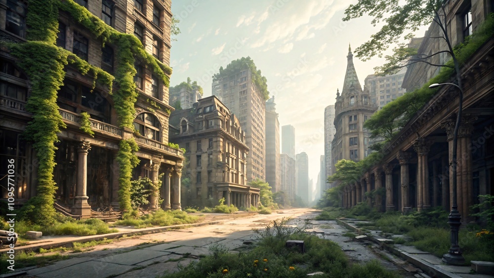 Naklejka premium Nature Reclaims the City, Post-Apocalyptic Urban Ruins with Overgrown Vegetation and Neon Glow V3