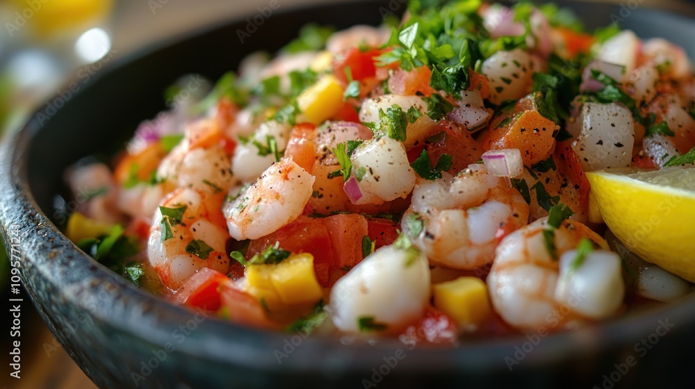 A vibrant shrimp ceviche dish garnished with herbs and lime, showcasing fresh ingredients. A vibrant shrimp ceviche dish garnished with herbs and lime, showcasing fresh ingredients.