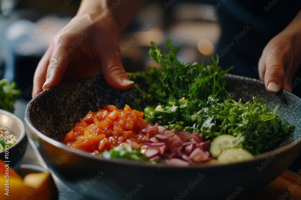 Fresh ingredients being arranged in bowl, showcasing vibrant colors and textures. hands skillfully mix tomatoes, cucumbers, onions, and greens, creating healthy salad Fresh ingredients being arranged in bowl, showcasing vibrant colors and textures. hands skillfully mix tomatoes, cucumbers, onions, and greens, creating healthy salad