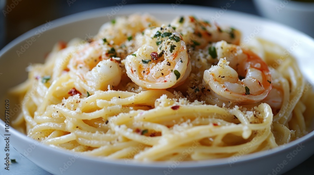 A bowl of pasta with shrimp, garnished with herbs and cheese, ready to be enjoyed. A bowl of pasta with shrimp, garnished with herbs and cheese, ready to be enjoyed.