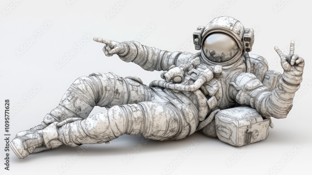 Astronaut in a relaxed pose, pointing and giving the peace sign, rendered in white. Astronaut in a relaxed pose, pointing and giving the peace sign, rendered in white.