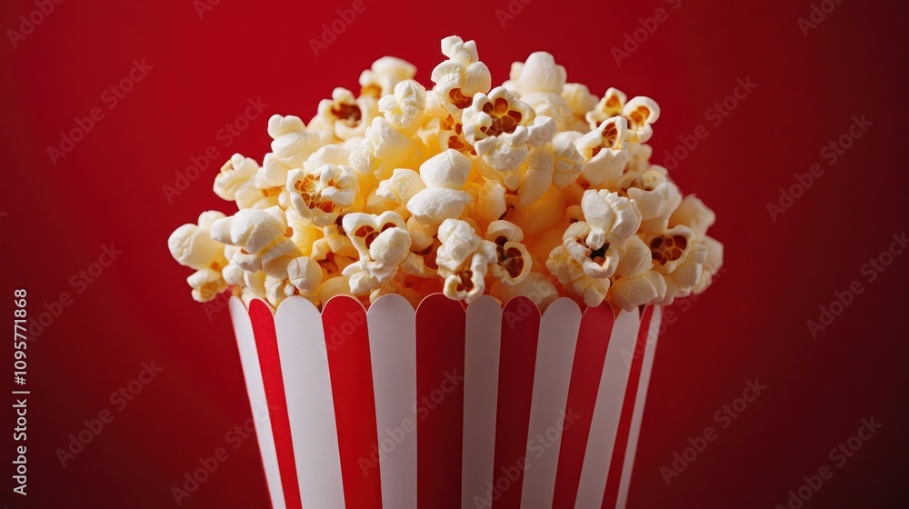 A close-up of a bucket of fluffy popcorn against a vibrant red background. A close-up of a bucket of fluffy popcorn against a vibrant red background.