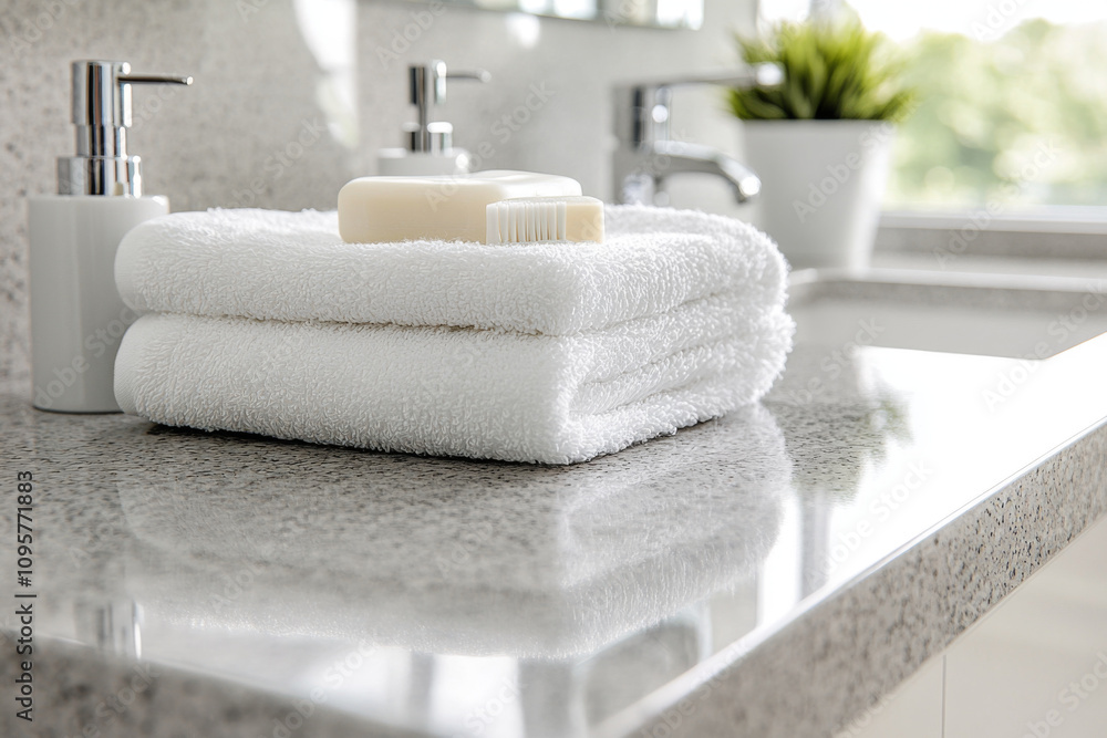 Soft white towels stacked neatly on clean granite countertop, accompanied by bar of soap and brush, create serene bathroom atmosphere Soft white towels stacked neatly on clean granite countertop, accompanied by bar of soap and brush, create serene bathroom atmosphere