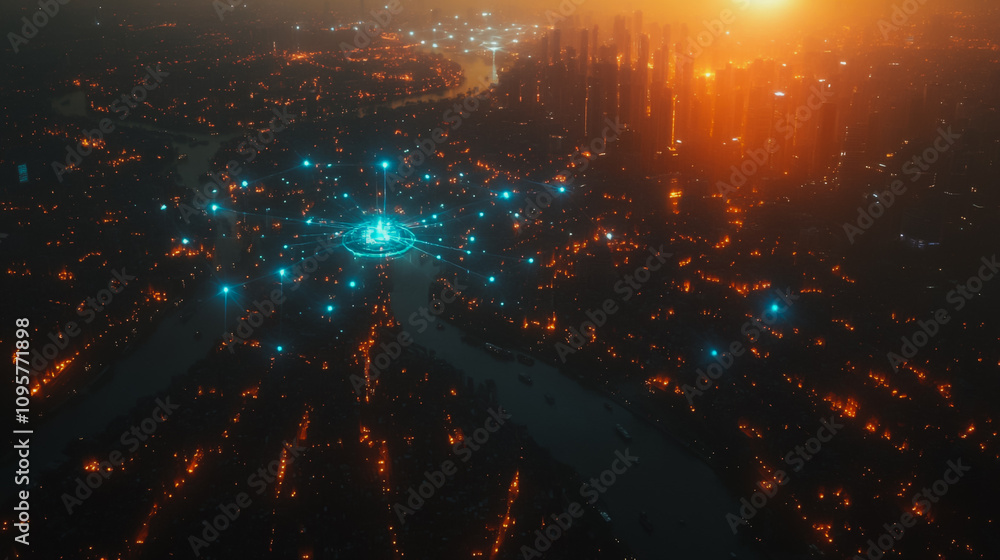 Fototapeta premium Smart digital city with connection Innovation network reciprocity over the sunset cityscape Concept of future wireless digital city and social media networking systems that connects business people