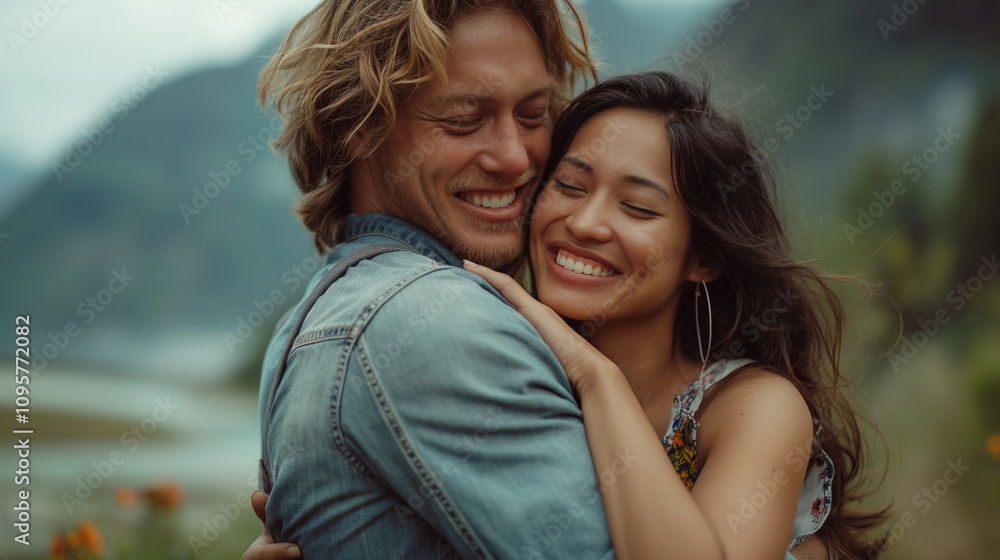 Naklejka premium Caucasian man and Asian woman hugging joyfully outdoors.