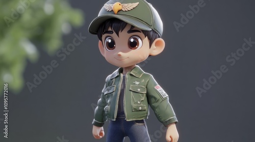 Cute cartoon boy in green jacket and cap with eagle logo. photo